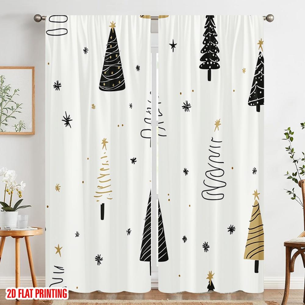 2pcs,2D plane printing Curtains Digital Printed Christmas Trees Golden Stars Polyester Easy Install (without rod) Decorations