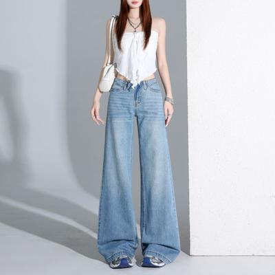Lodowy Niebieski Tencel Bez Paska Niskie Stan Luźne Szerokie Nogawki Codzienne Dżinsowe Spodnie Wiosna Lato Codzienne Spodnie Oversize Dżinsowe Spodnie