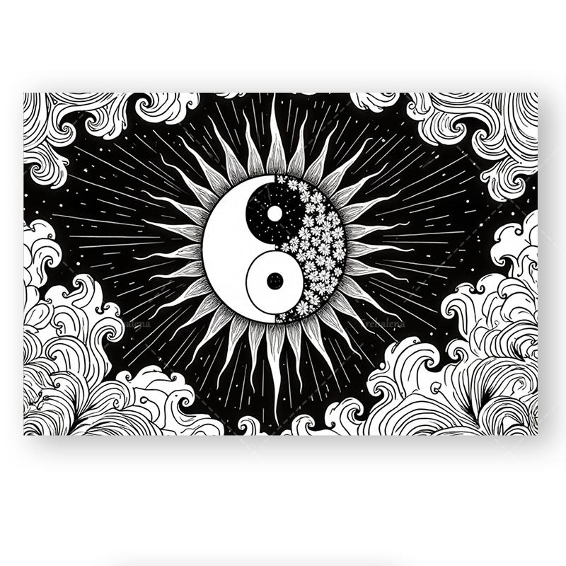 1pc Wall Tapestry Yin Yang Sun Moon Tapestry - Black White Boho Wall Hanging for Bedroom Decor