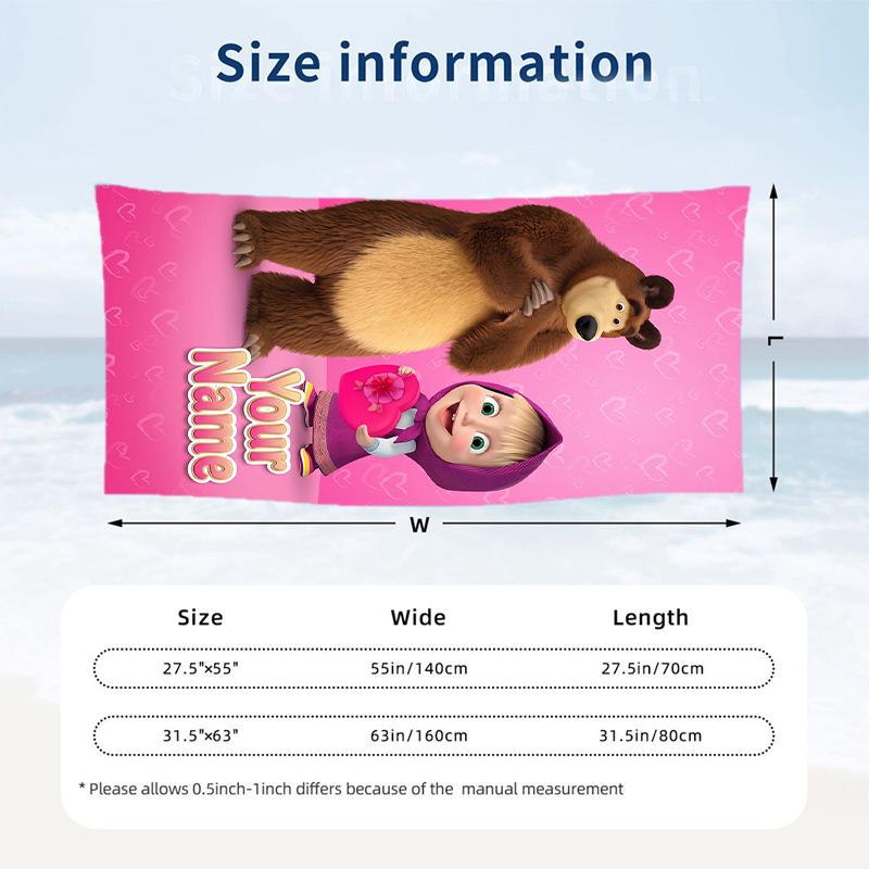 Masha and the Bear Beach Towel, Personalized Custom Text, Quick Dry Soft Large Towel For Swimming Pool Travel