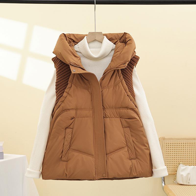 2025 autumn new down cotton vest women's short knitted splicing hooded vest cotton vest vest jacket tide