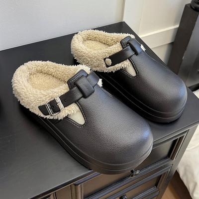 Waterproof Eva Furry Mules Slippers Women Metal Buckle Warm Plush Slippers Soft Thick Bottom Non Slip Indoor Slides