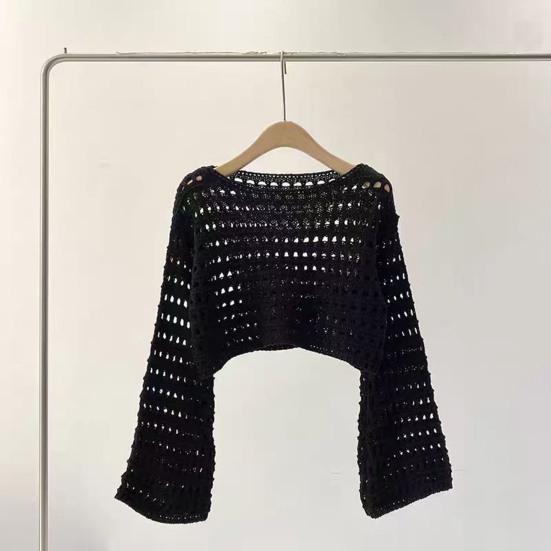 Couverture de protection solaire Col rond Manches extra longues Doux Extensible Protection solaire Pulls Hauts Couleur unie Design ajouré Hauts courts en tricot