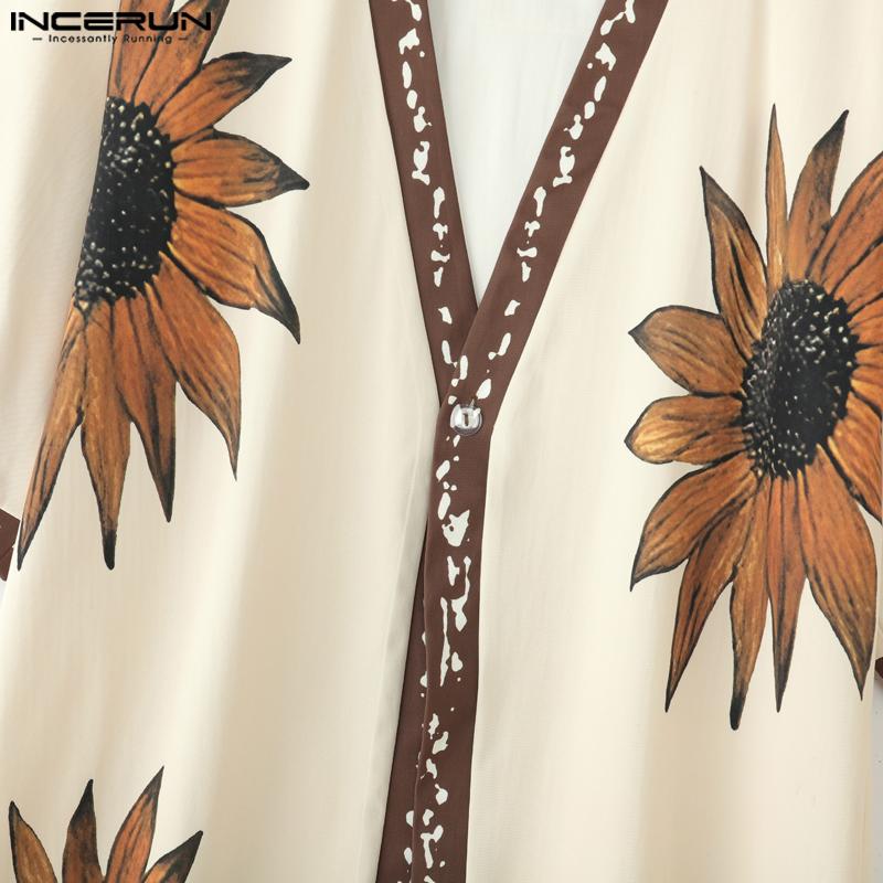 INCERUN Men Half Sleeve Stitching Floral Print Casual Irregular Long Cardigan Tops