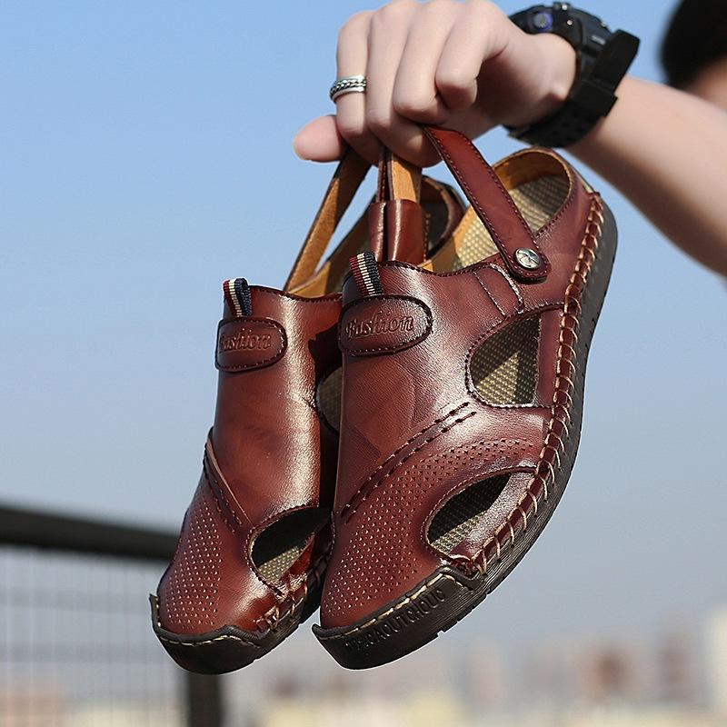 Men's Sandals Summer Genuine Leather Soft Bottom Non-Slip Beach Shoes New Plus Size Casual Trend Outdoor Slippers