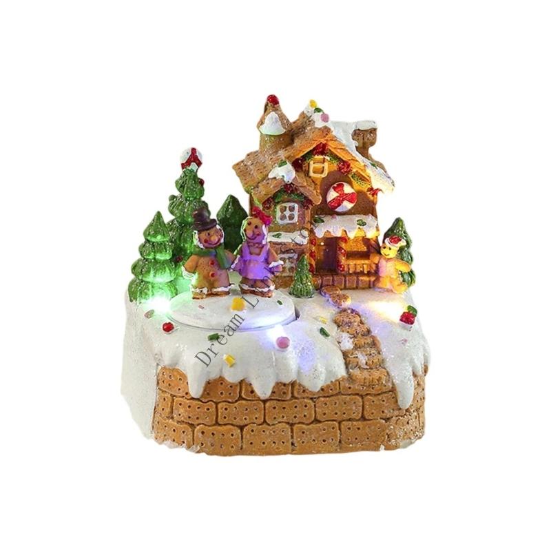 Q1FD Christmas Music Box Snow House Ornament with LED Light Handmade Desk Decoration