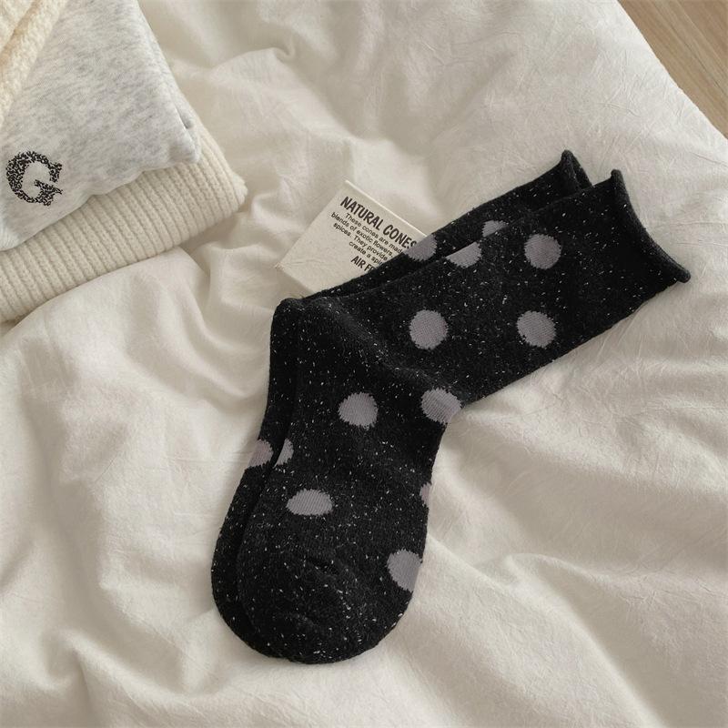 Chaussettes épaisses à pois en laine d'automne et d'hiver, chaussettes chaudes rétro à gros pois, chaussettes mi-mollet pour femmes