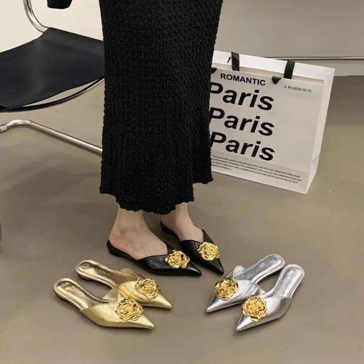 Fashion Women Flats Slippers Pointed Toe Elegant Mules Shoes Fad Slingback Sandals 2025 Summer New Luxury Flip Flops Mujer Slides