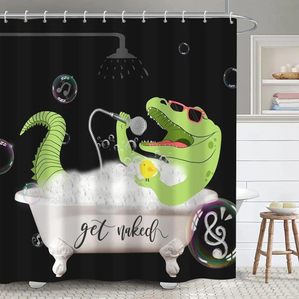 Cartoon Style Animal Shower Curtain Funny Crocodile Kids Shower Curtain Waterproof Fabric Bathroom Decor Screen with Hooks