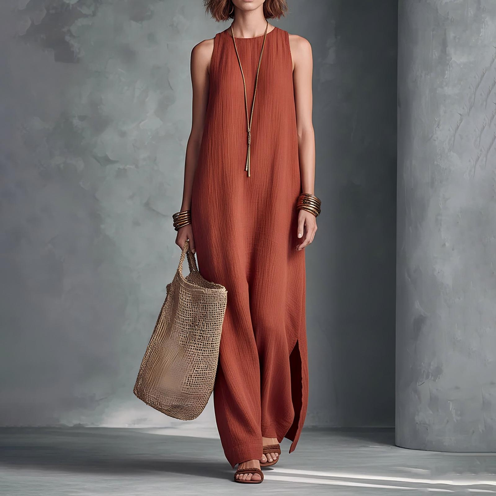 

Women s Color Sleeveless Vacation Cotton And Linen Dress XL шафрановий