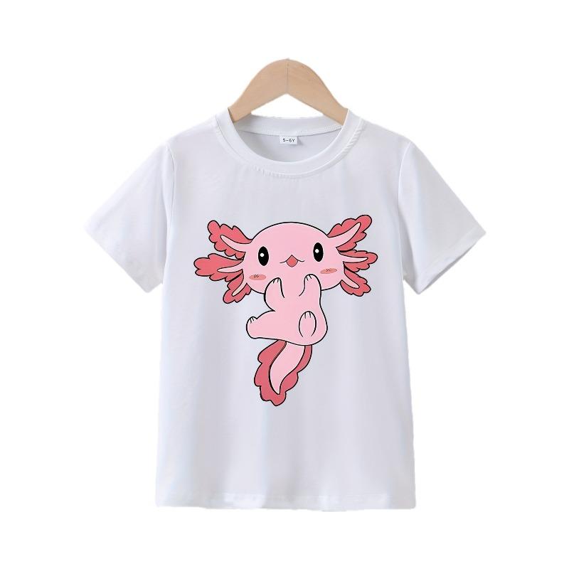 European size Girls Summer Short Sleeve Cartoon Cute Axolotl Print T-shirt 98cm белый