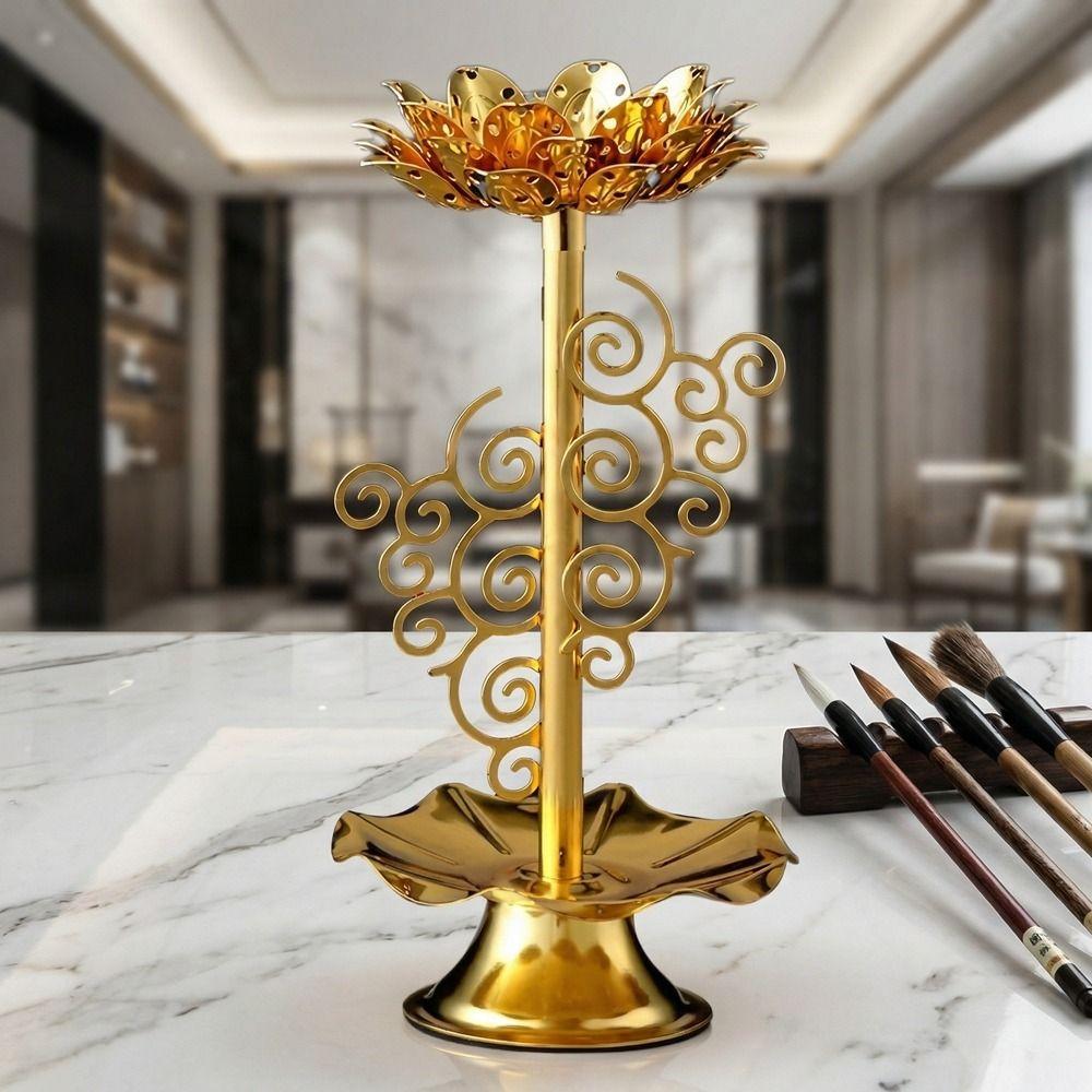Zinc Zinc Alloy Lotus Candlestick Exquisite Gold Candle Holder Butter Lamp Holder  Table Centerpiece