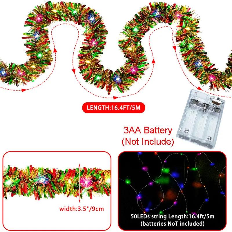 1pc 5M/16 Ft Christmas Tinsel Garland Metallic Shinny with LED Lights Tree Thick Hanging Decorations for Xmas Party Indoor Decor