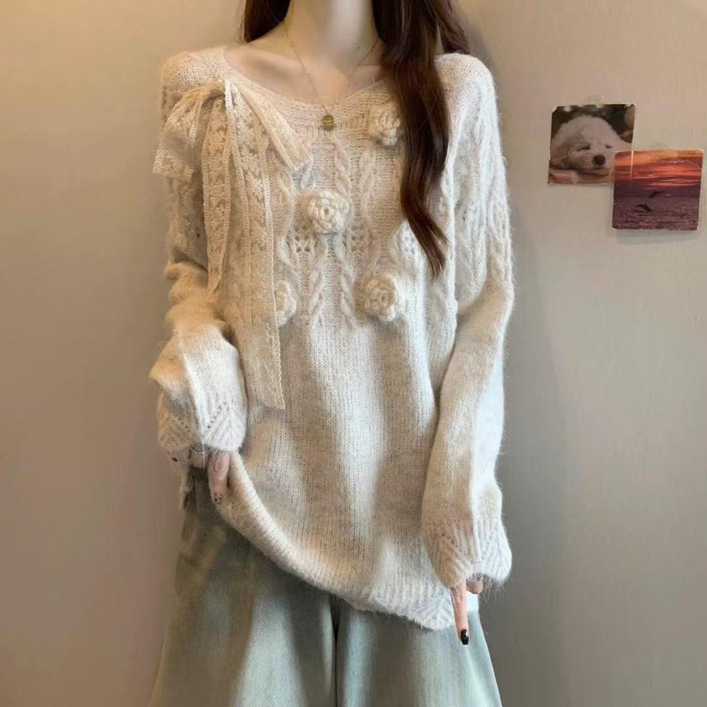 2026 Autumn/Winter 3D Flower Bow Knit Sweater - Women's Elegant Loose Fit