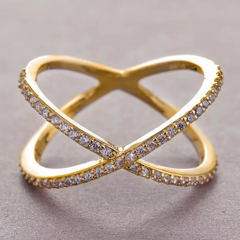 Huitan Luxury Cross X Shape Women Engagement Ring Full Paved CZ Stone CopperColor Elegant Simple Female Jewelry Ring
