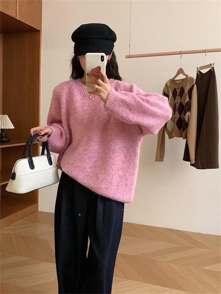 Lazy wind crew neck pullover sweater women's loose large size autumn and winter new thickened high-end knitted bottoming shirt top