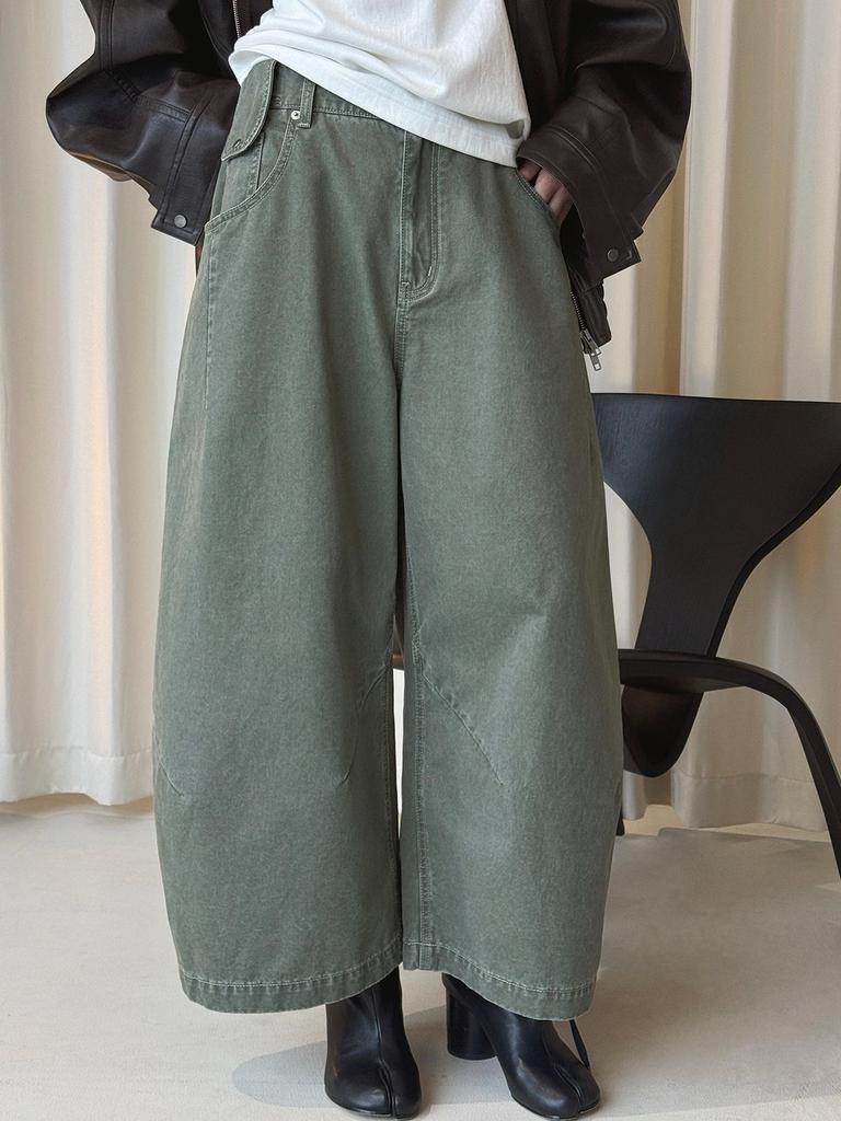 Xu Man Damen Frühling Koreanischer Arbeitskleidungsstil Halbelastischer Bund Laternen-Cropped-Hose