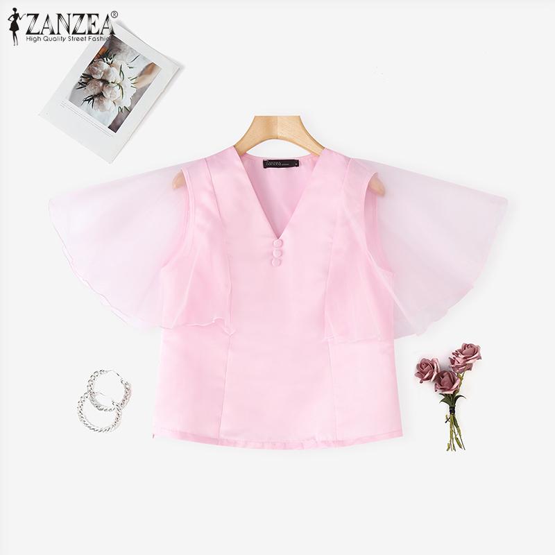 ZANZEA Damen Lässig Mesh-Einsatz Rüschenärmel Sommer V-Ausschnitt Bluse