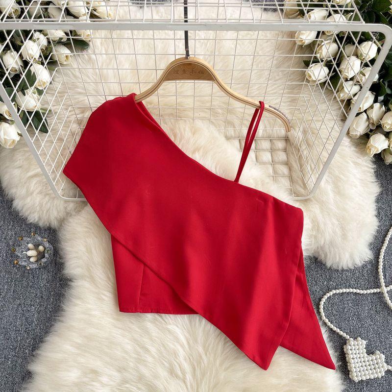 Sweet and Spicy Small Top Women's Stylish One-Shoulder Cold-Shoulder Single-Side Sling Silm Short Crop Top Versatile Holiday Small Shirt Fashion
