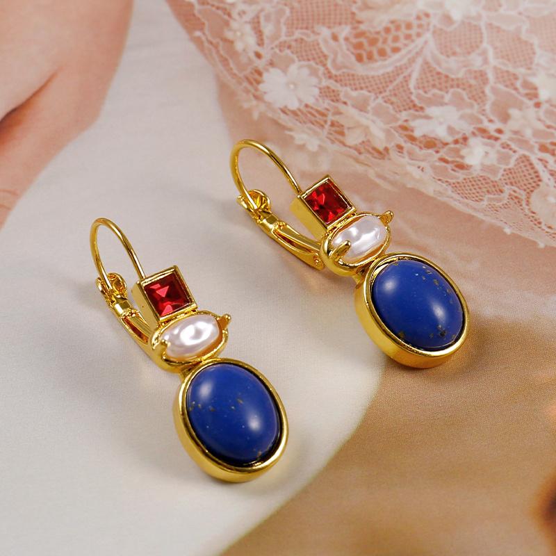 Vintage Lapis Lazuli Dangle Earrings for Women Gold Plated Garnet Square Drop Earrings with Baroque Pearl Hypoallergenic Lightwe