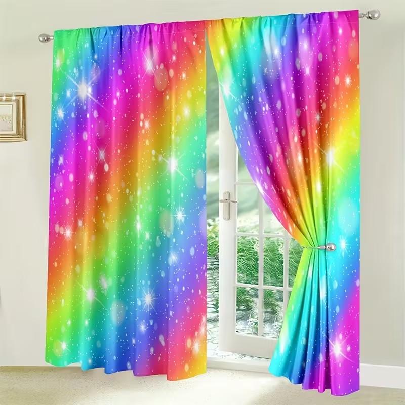 Rainbow Sparkling Curtain Living Room Window Decor Polyester Home Set Of 2 Made With Rod Pocket Washable Area Ready