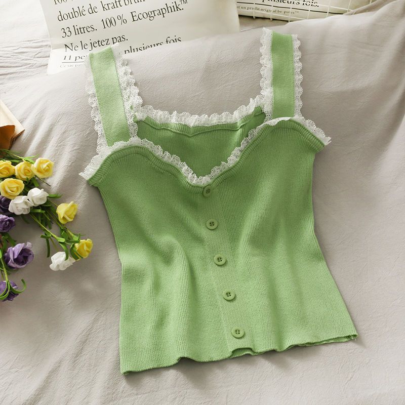 

Короткий облегающий жилет с кружевным лоскутным узором и грибковым краем для женщин, новый универсальный топ с грудью карамельного цвета для лета One size