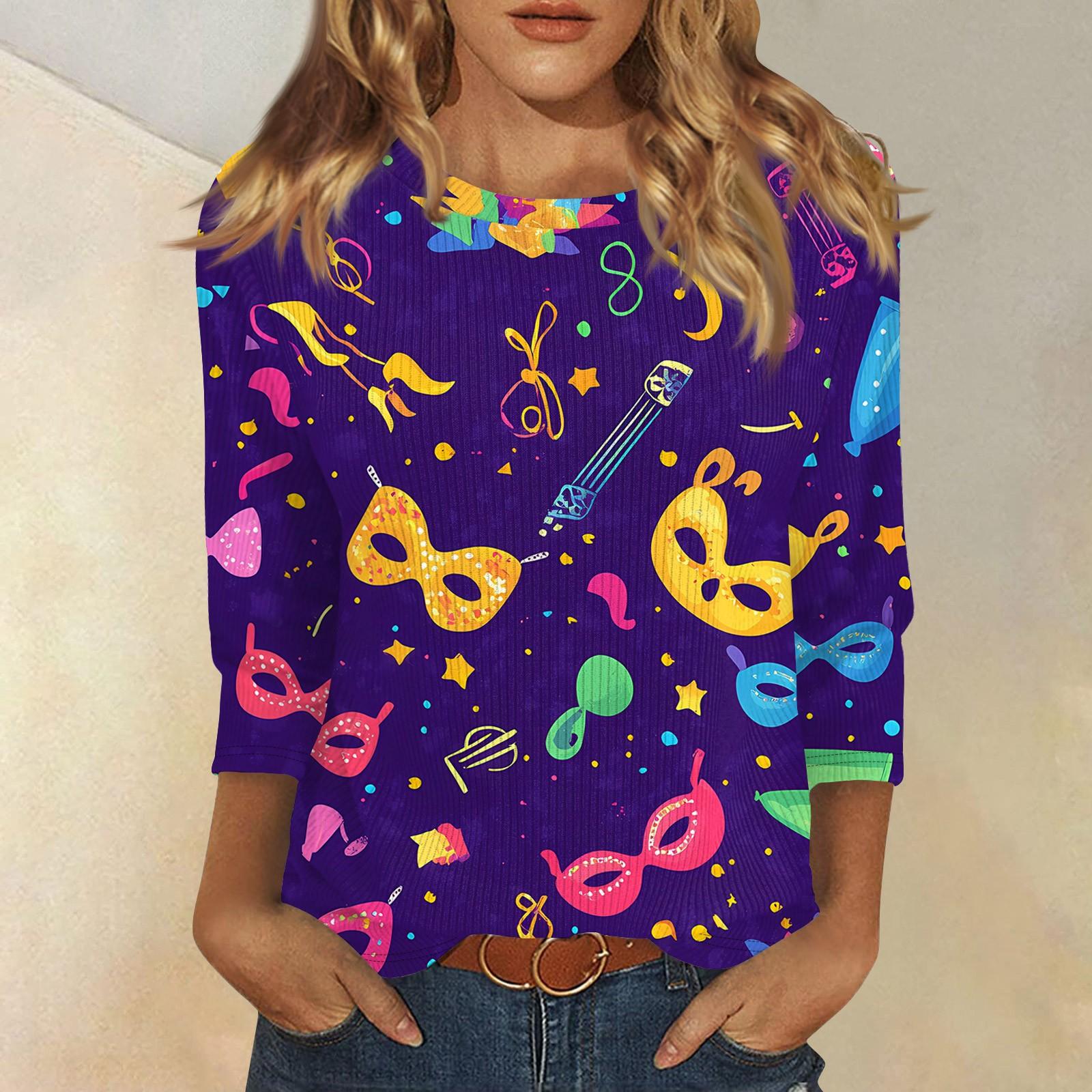 

Женская модная зимняя повседневная футболка с круглым вырезом и принтом в полоску с карнавальным принтом и рукавом три четверти Женская одежда XL