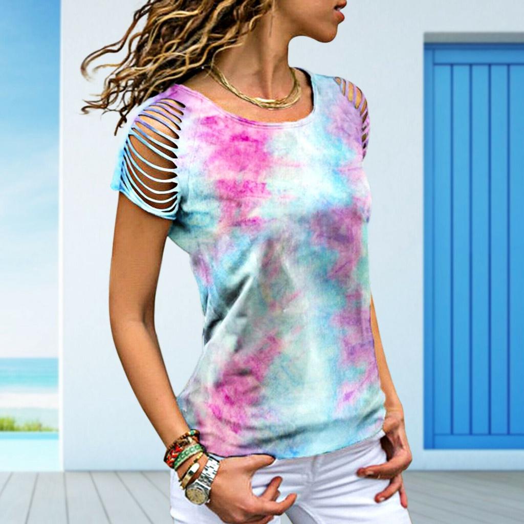 Womens Vibrant Tie-dye Printed Tops Casual Short Sleeve Blouse Perfect For Summer