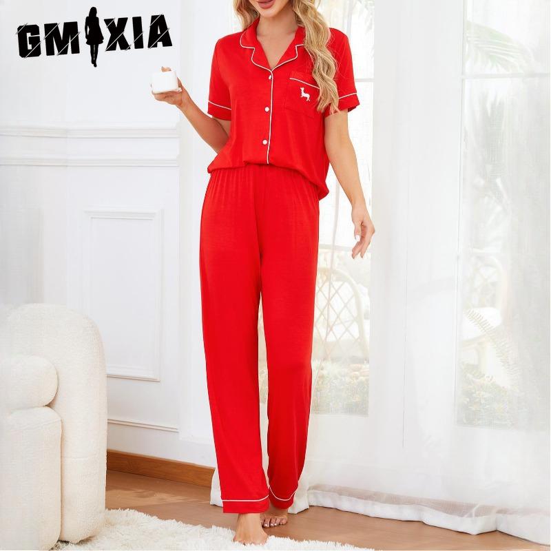 GMXIA Pajamas Women's Models Spring and Summer Short-sleeved Trousers Homewear Two-piece Set