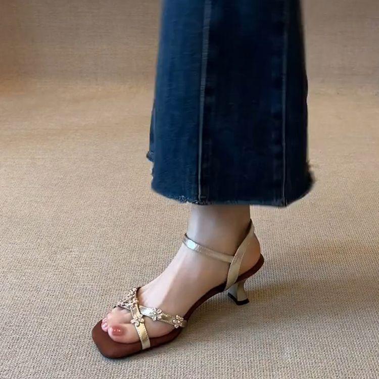 French rhinestone flower comfortable and versatile foreign style word with square head sandals femininity versatile skirt high heels summer
