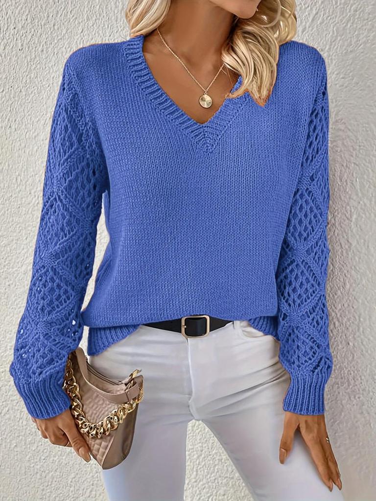 Spring/Autumn Long Sleeve Hollowed Out Knit Sweater Women's Pullover Crochet Flower Pile Loose V-Neck Base Top