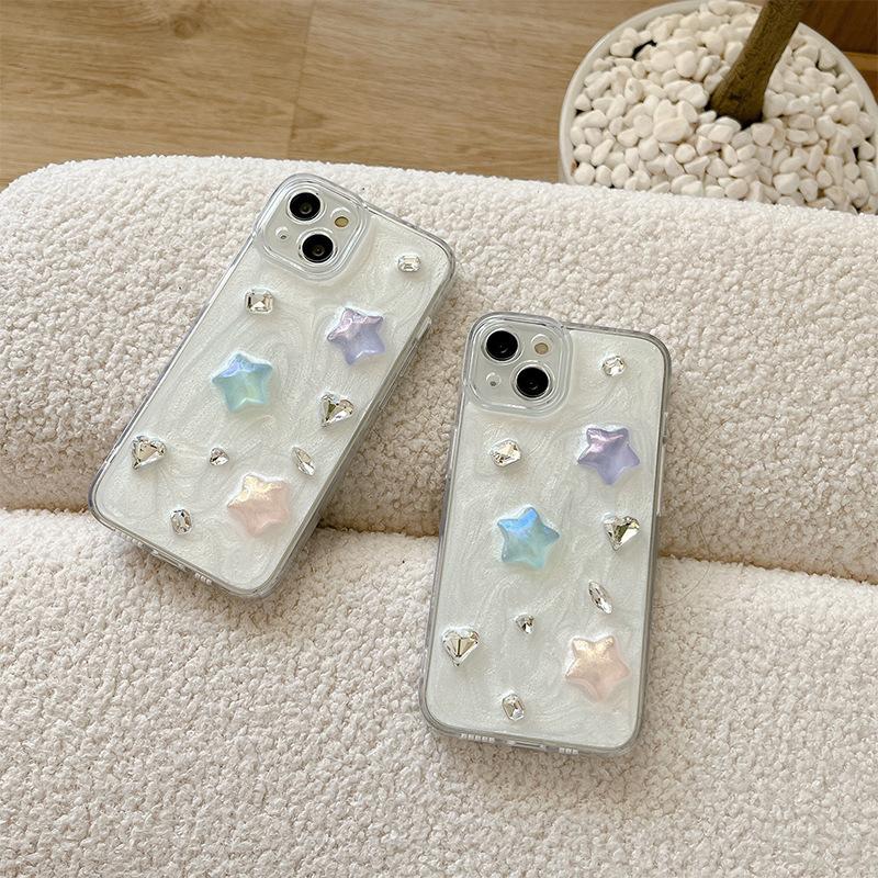 Small Fresh Ins Style Mobile Phone Case for Apple 17Pro Colorful Five-Pointed Star for IPhone16 Rhinestone Gemstone Precision Hole