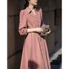 Demana Elegant Peach Velvet V-Neck Lace Puff Sleeve Dress