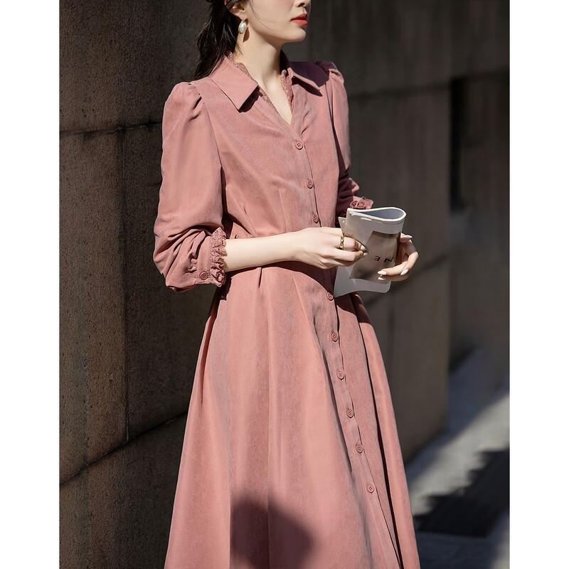 Demana Elegant Peach Velvet V-Neck Lace Puff Sleeve Dress
