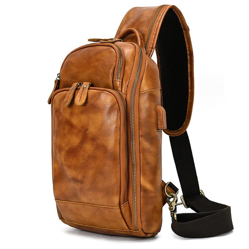 Retro Men'S Leather Breast Bag Usb Multifunctional Charging Crazy Horse Leather Crossbody Bag Men'S Shoulder Bag Large Capacity Backpack