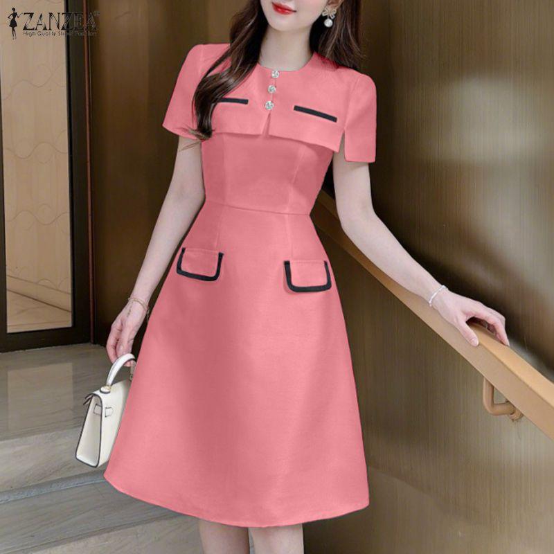 ZANZEA Women Casual Round Neck Short Sleeve Elegant A-line Dress