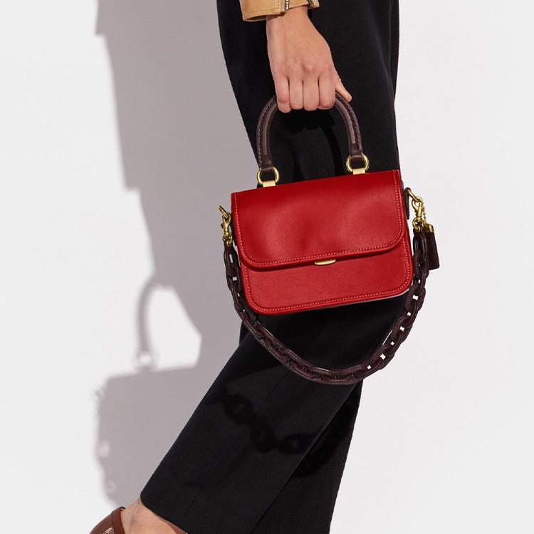 New COACH Rogue Leather Trunk Bag, Small Square Bag, Crossbody Bag, Handbag Small Women's Red/Brown C6341-B4TFN