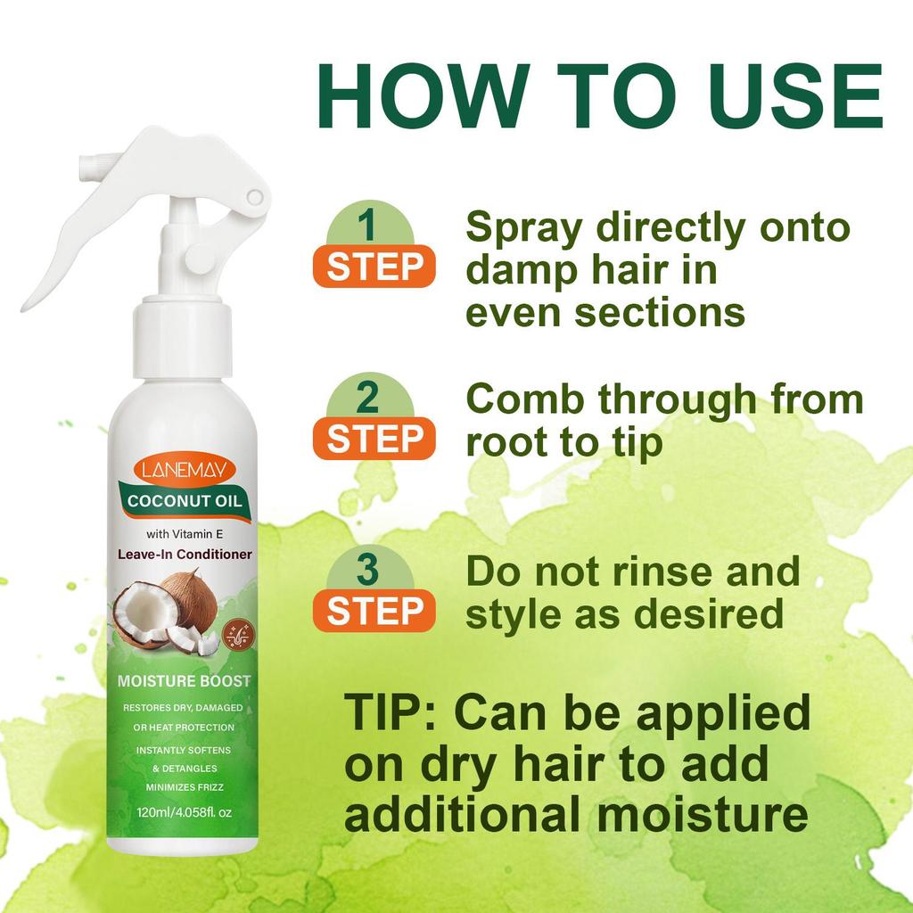 Odżywka bez spłukiwania z olejem kokosowym-Nawilża i wzmacnia włosy-Poprawia połysk i gładkość-Odpowiednia do wszystkich rodzajów włosów, 120ml