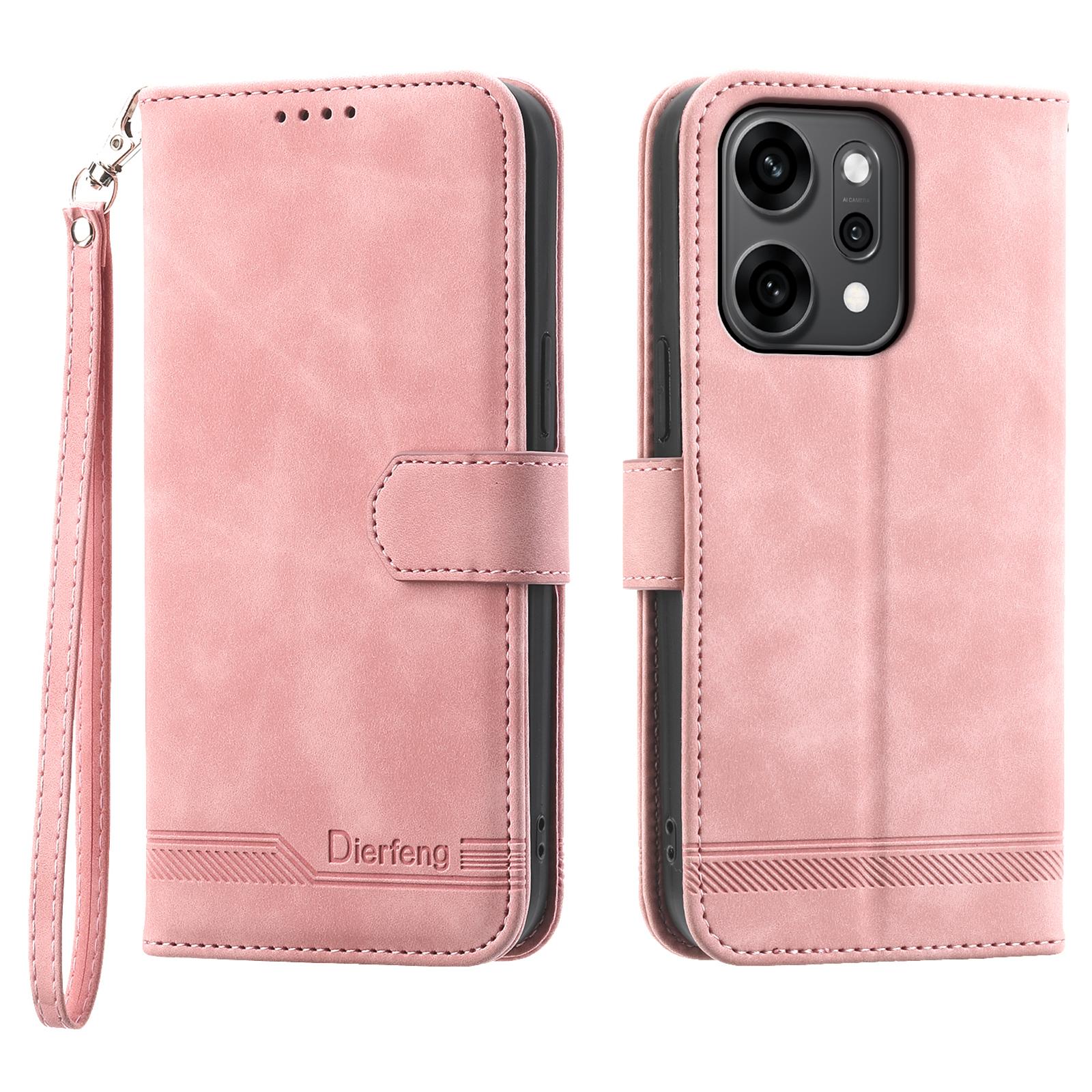 

DIERFENG DF-03 For Oppo Reno14 Pro 5G (Global) Case Lines Imprint Wallet Leather Phone Cover with Wrist Strap Pink