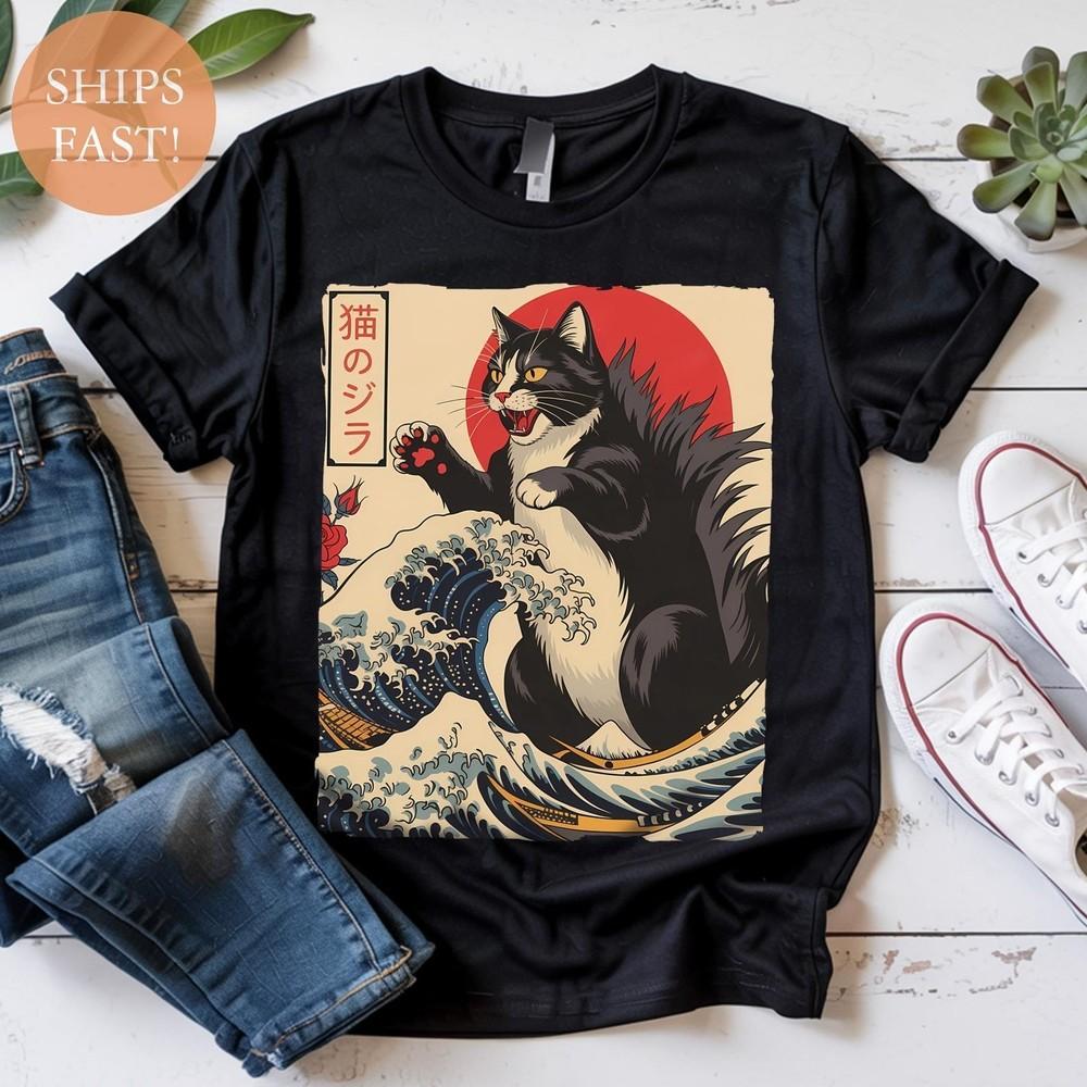 Japanese Wave Art Cat Tee Funny Cat Lover Gift – Godzilla Cat Graphic T-Shirt Unisex T-Shirt XXXXL