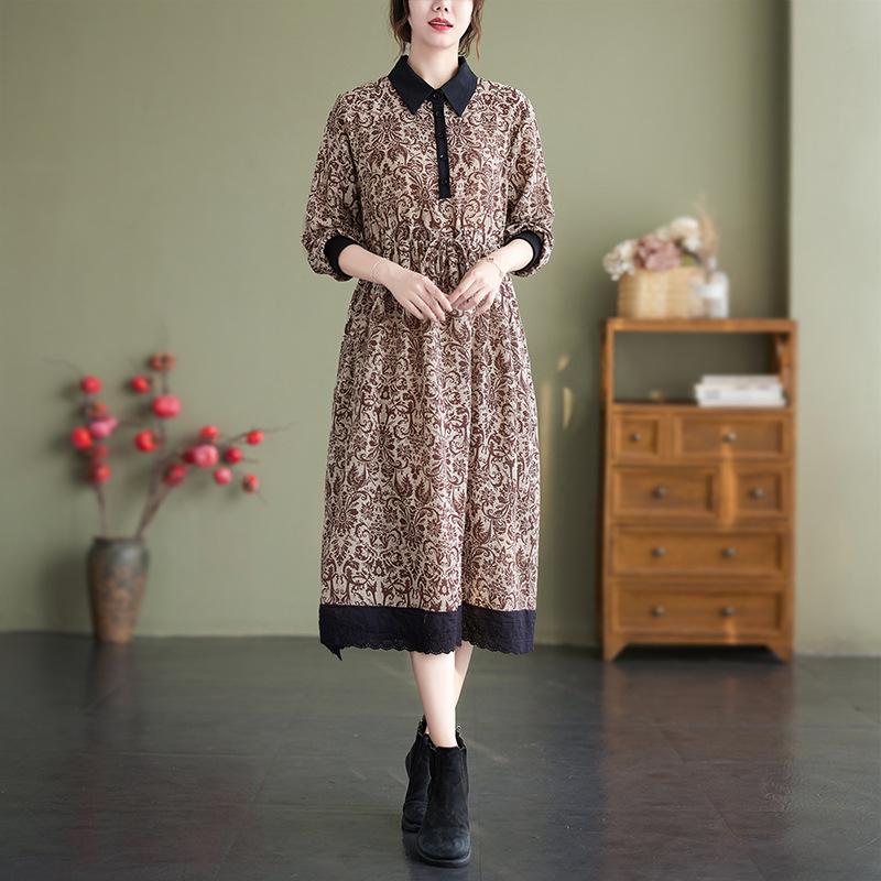 Autumn Literary Print Dress: Long-Sleeved, Cotton-Linen, Loose Fit, Extended Style with Shirt Collar