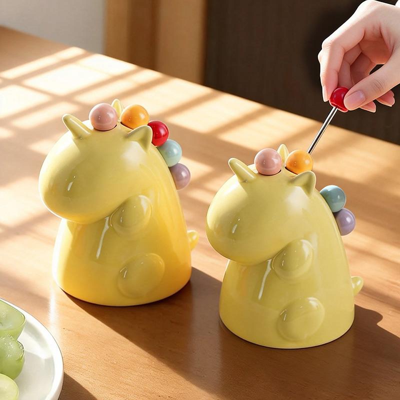 Novelty Dinosaur Ceramic Fruit Fork Holder with 6 Picks for Daily Dessert Snack Serving Home Kitchen Dining Table Decor