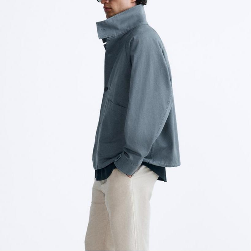 Zara Solid Color Casual Workwear Distressed High Neck Long Sleeve Jacket Men jackets Blue 0706106-400