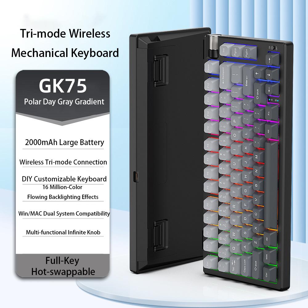 New Genuine Three-Mode GK75 Mechanical Keyboard RGB Backlit Hot-Swap Switches USB Type-C 3-Key Anti-Ghosting Gaming Rotary Knob