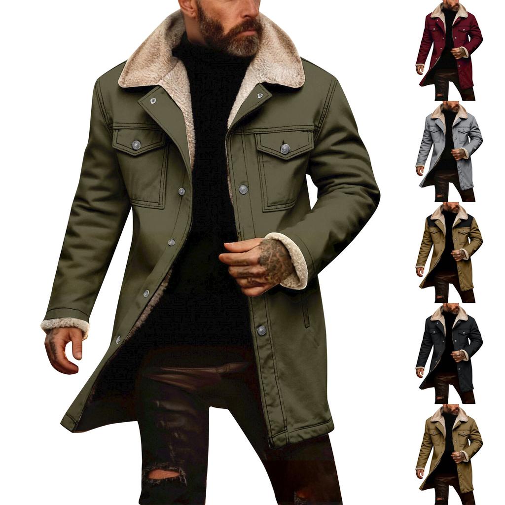 Men's Solid Color Button Pocket Work Wear Plus Leather Jacket Men's Casual Long Coat