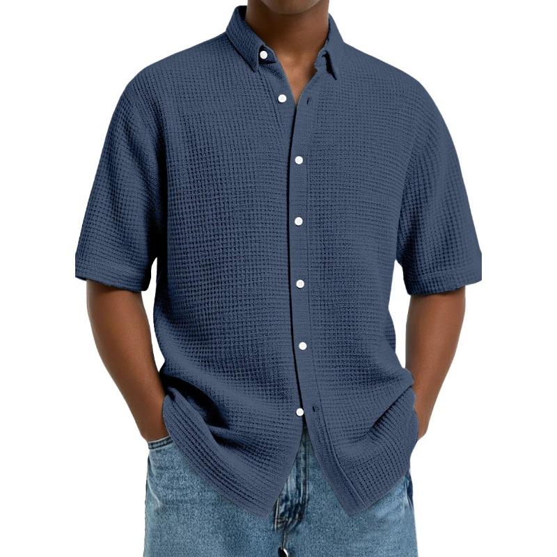 Men's Short-Sleeve Waffle-Knit Collared Shirt - Breathable Casual Button-Down Loose-Fit Top