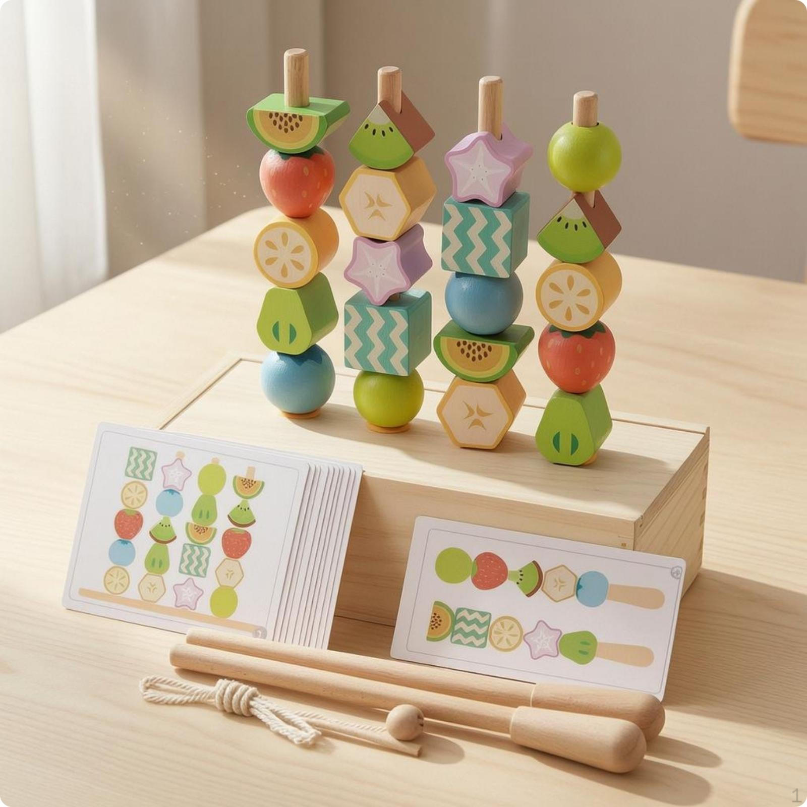 Fruit Bead Threading Toy Pattern Cards Wooden Lacing Beads Wood Sequencing for child,