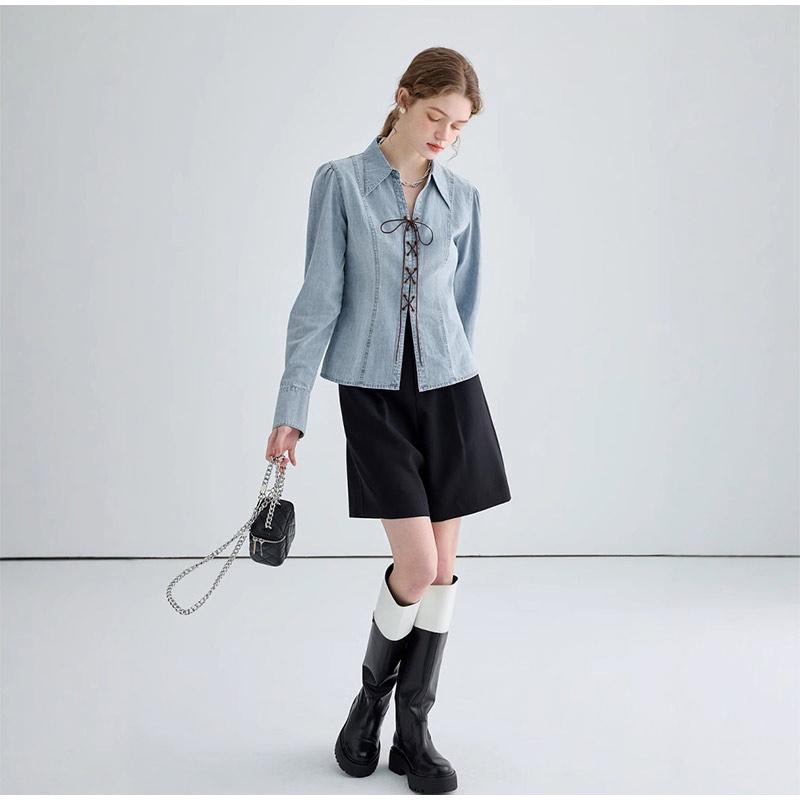 Elegant Women's Denim Lace Up Shirt Light Blue Turn Down Collar Puff Sleeves Waist Tight 2025 Spring Preppy Style Female Tops