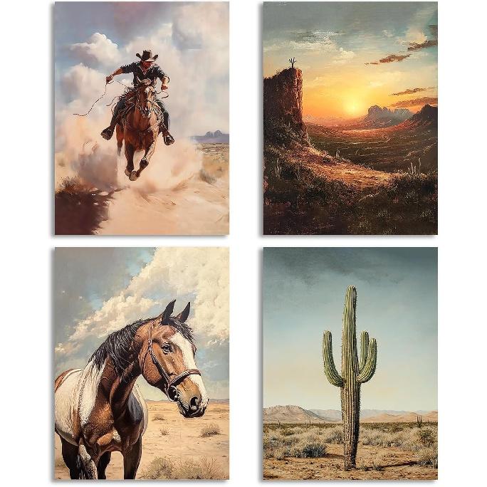 Western Cowgirl Canvas Wall Art, Watercolor Pink Cowboy Hat Cactus Desert Wall Art Prints for Cowgirl Nursery Kids Room Girls Room Dorm Decor Set of