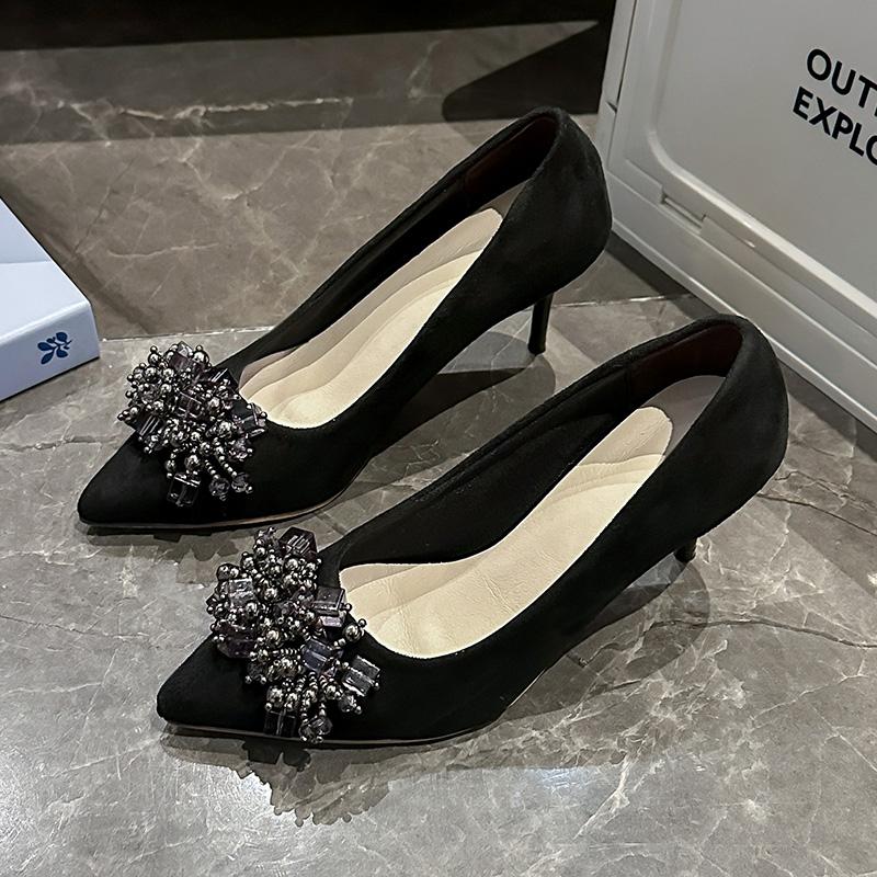 Fashion Women's Fashion Slim Heel Shoes Spring New Pointed Head Shallow Mouth Suede Crystal Anti-slip Wear-resistant High Heels